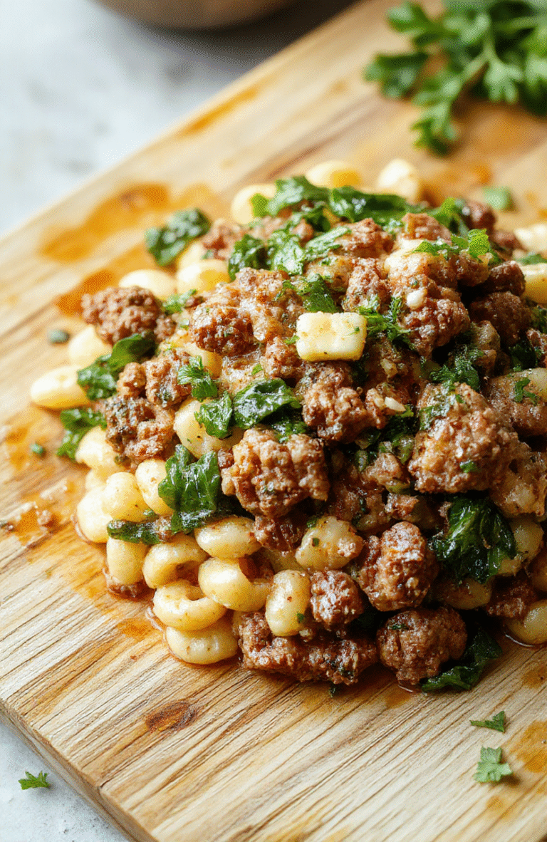 A rustic ceramic bowl filled with al dente orzo pasta裹着在 creamy garlic-infused sauce with tender browned ground beef, garnished with fresh parsley and a drizzle of golden butter, served beside quickly sautéed wilted baby spinach and cherry tomatoes, all on a light oak cutting board. Soft natural light highlights the creamy texture, rich browning on the beef, and vibrant green accents.
