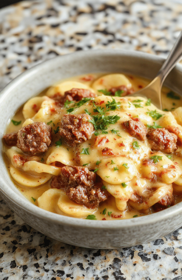 A steaming plate of creamy ground beef stroganoff over egg noodles, topped with fresh parsley and a dusting of black pepper. The sauce is rich, golden-brown with mushrooms and tender beef pieces, glistening slightly. The noodles are slightly glossy and tangled, with visible chunks of earthy brown mushrooms and savory beef. The plate rests on a rustic wooden cutting board with soft natural lighting and a shallow depth of field.