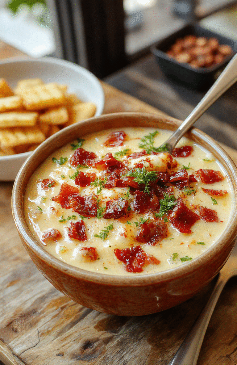 Creamy loaded potato soup in a rustic white bowl, topped with crispy crumbled bacon, shredded sharp cheddar cheese, sour cream, and chopped chives, served with a crusty slice of garlic bread on the side, against a warm wooden table in soft daylight.