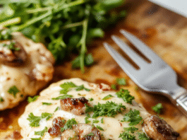 Golden-brown seared chicken breasts topped with a rich, creamy sauce loaded with earthy sliced mushrooms and fresh parsley, served over fluffy white rice in a rustic ceramic bowl on a wooden table with soft natural lighting.
