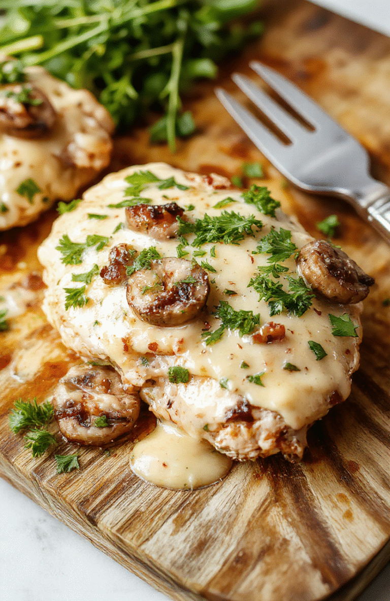Golden-brown seared chicken breasts topped with a rich, creamy sauce loaded with earthy sliced mushrooms and fresh parsley, served over fluffy white rice in a rustic ceramic bowl on a wooden table with soft natural lighting.