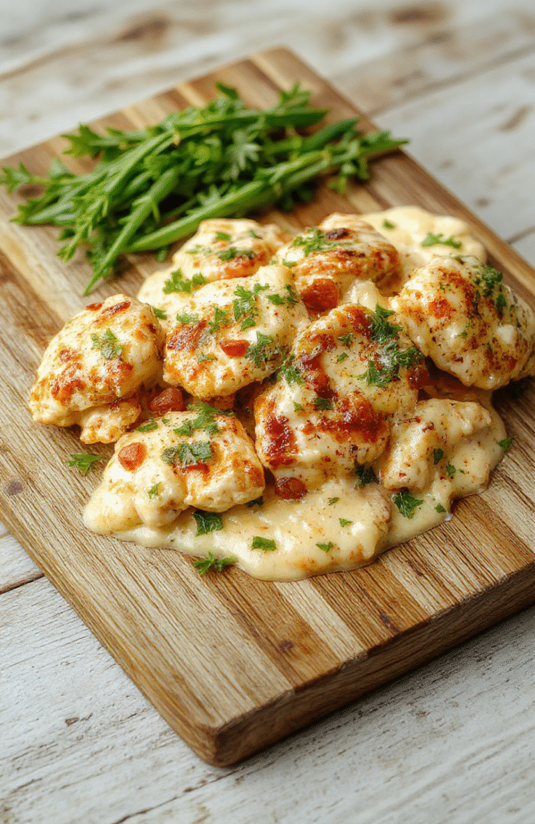 A golden-brown creamy pepperoncini chicken skillet with tender chicken thighs, sliced pepperoncini peppers, caramelized onions, and melted mozzarella in a cast iron skillet, garnished with fresh parsley and served alongside crusty bread.
