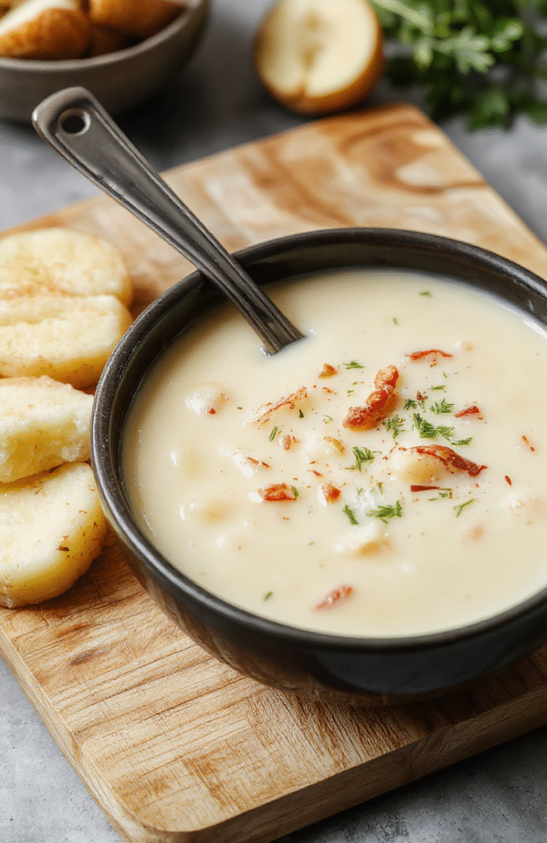 A steaming bowl of creamy potato soup with visibly tender potato chunks, swirls of sour cream on top, a dusting of fresh chives, and crispy bacon bits scattered around the rim, served in a rustic ceramic bowl on a wooden table with soft natural light and a hint of steam rising.
