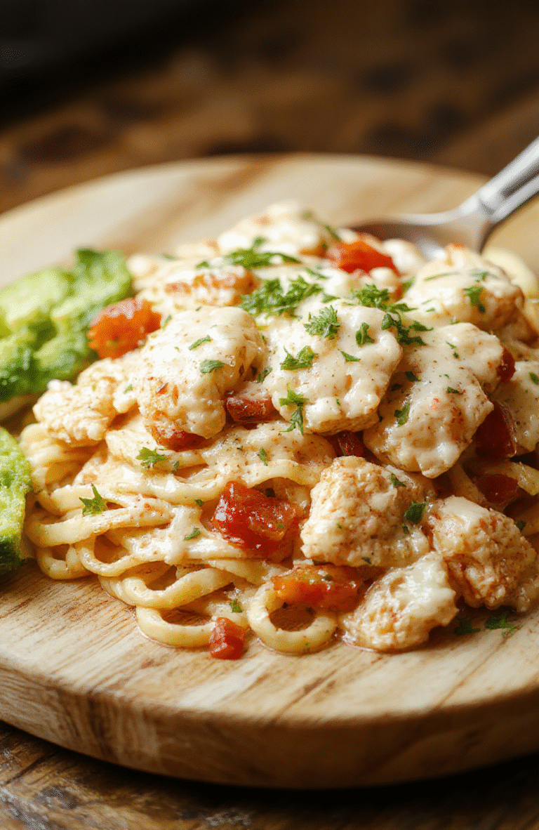 A vibrant bowl of penne pasta tossed in rich white cheese sauce with roasted red peppers, charred jalapeños, black beans, and grilled chicken strips, garnished with fresh cilantro and a sprinkle of cotija cheese on a rustic wooden board.