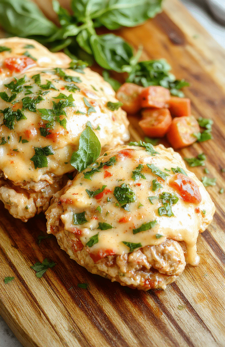 Tender chicken breast pieces simmered in a rich, vibrant red tomato basil sauce with fresh basil leaves, creamy swirls, and a hint of garlic, served over fluffy white rice in a rustic ceramic bowl, garnished with grated parmesan and a sprig of green basil, set on a light oak wooden table with soft natural lighting.