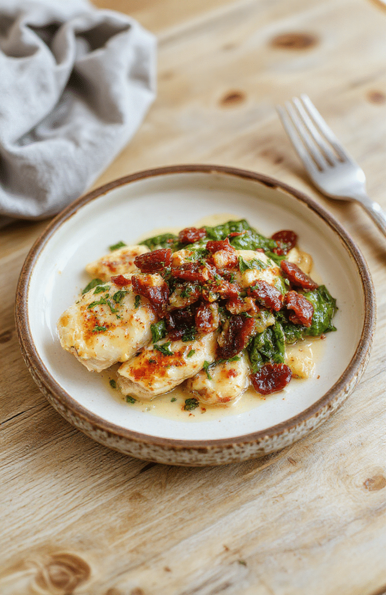 Golden-brown seared chicken breast topped with a rich, creamy garlic sauce, swirled with vibrant baby spinach and fragrant sun-dried tomatoes, served over al dente pasta in a rustic white ceramic bowl, garnished with fresh basil and a light dusting of crushed red pepper flakes, against a soft wooden tabletop backdrop.