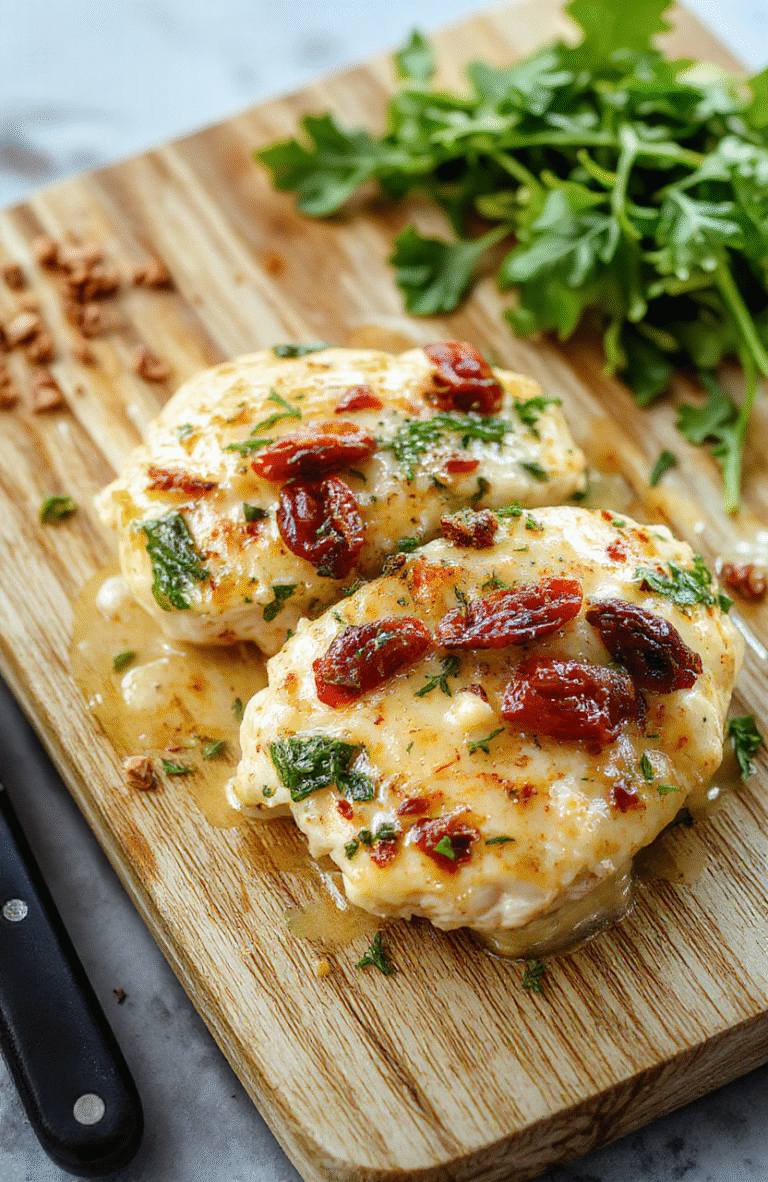 A rustic pan-seared chicken breast topped with creamy garlic sauce, wilted fresh spinach, plump sun-dried tomatoes, and a sprinkle of parmesan cheese, served on a white ceramic plate beside a bed of al dente pasta, garnished with fresh basil and cracked black pepper, on a wooden cutting board with soft natural daylight.