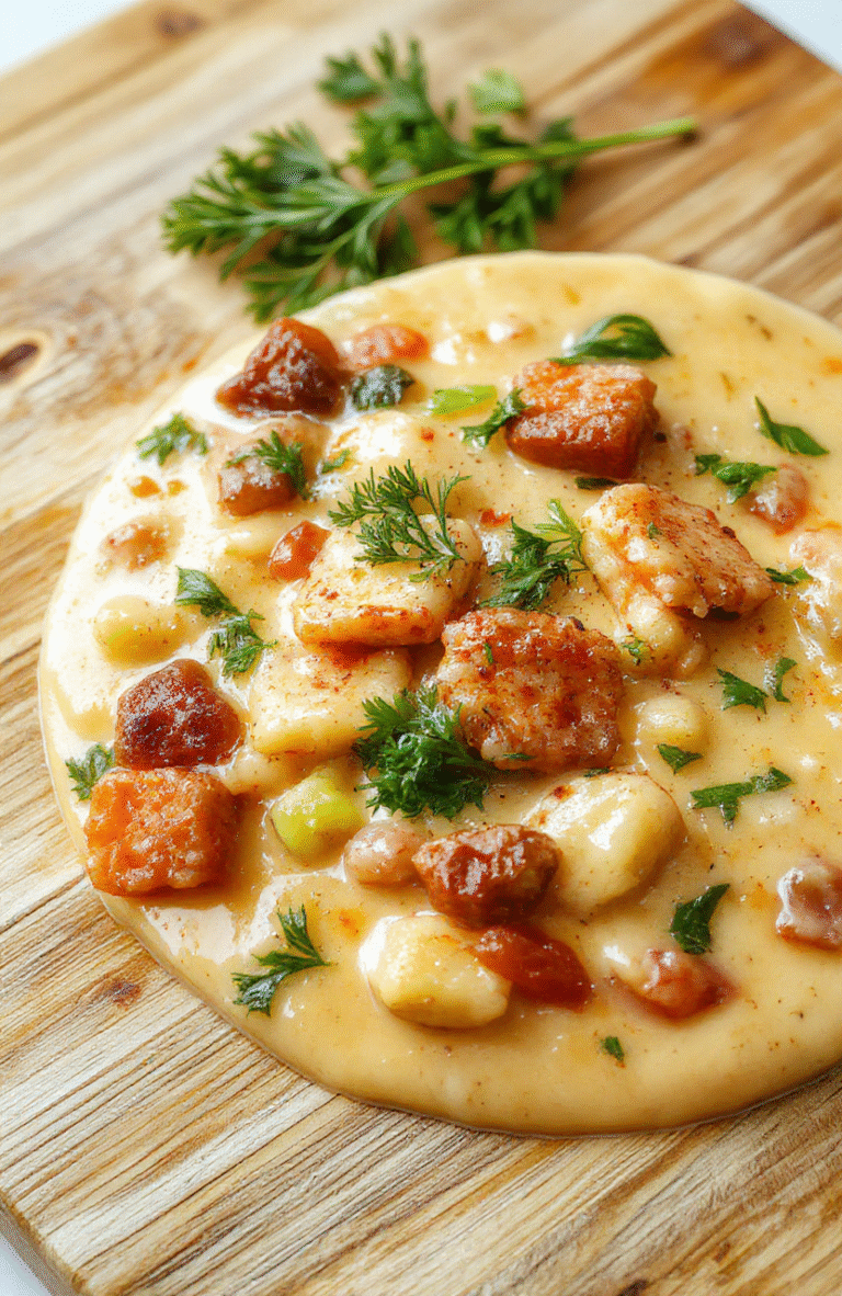 A rustic ceramic bowl filled with vibrant creamy vegetable soup, featuring tender carrots, peas, celery, and potatoes in a smooth golden broth with fresh green herbs sprinkled on top. Soft steam rises from the surface, against a warm wooden table background with natural light.