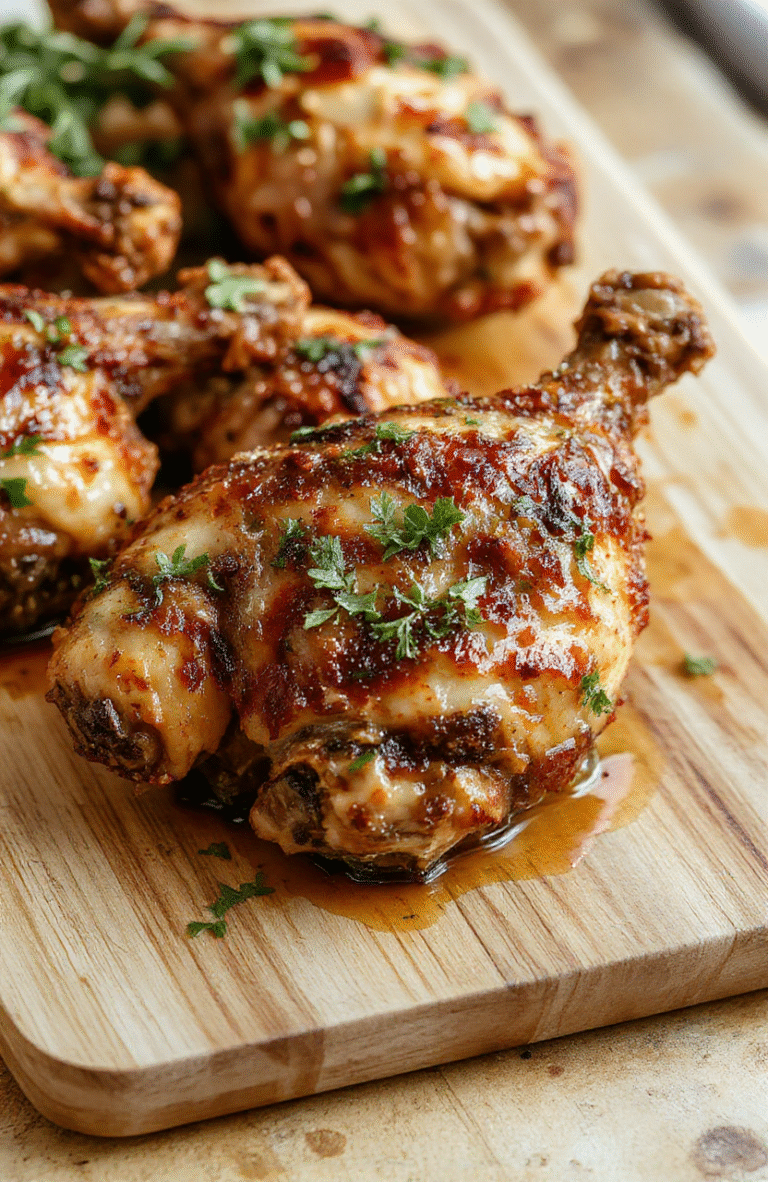 Golden-brown, crispy-skinned chicken legs on a white ceramic plate, resting on a wooden board, with roasted rosemary sprigs and lemon wedges nearby, steam rising, rustic setting with soft natural daylight and slight shadow