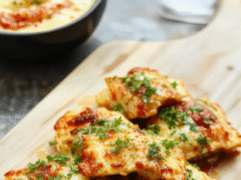 Golden-brown, perfectly crisp baked ravioli arranged in a rustic circle on a rustic wooden board, dusted with fresh parsley and grated Parmesan, with a side of marinara sauce in a small ceramic bowl, soft shadows and natural daylight highlighting the golden crust and-textured surface.
