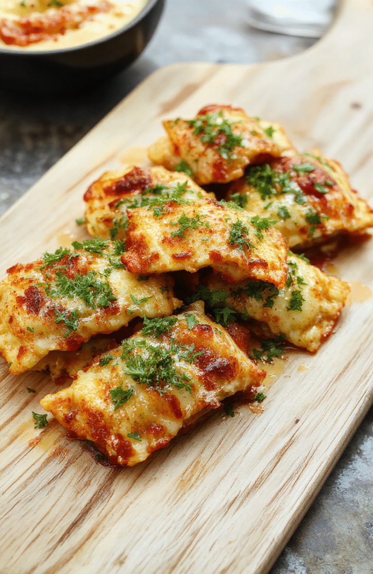 Golden-brown, perfectly crisp baked ravioli arranged in a rustic circle on a rustic wooden board, dusted with fresh parsley and grated Parmesan, with a side of marinara sauce in a small ceramic bowl, soft shadows and natural daylight highlighting the golden crust and-textured surface.