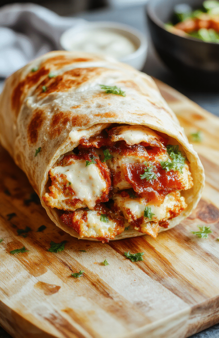 Golden-brown flour tortilla wrap filled with shredded crispyrotisserie chicken, crumbled crispy bacon, creamy ranch dressing, shredded sharp cheddar cheese, and fresh crisp lettuce, sliced open to show layers and drizzled with extra ranch on a white ceramic plate.