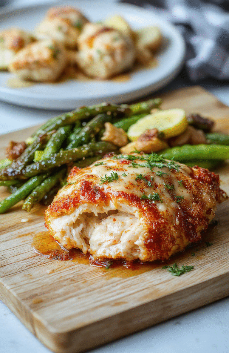 Golden-brown crispy breaded chicken cutlet topped with vibrant red marinara sauce, melted mozzarella and Parmesan cheese, served over al dente spaghetti in a shallow white bowl, with fresh basil leaves and a side of garlic bread on a rustic wooden board.