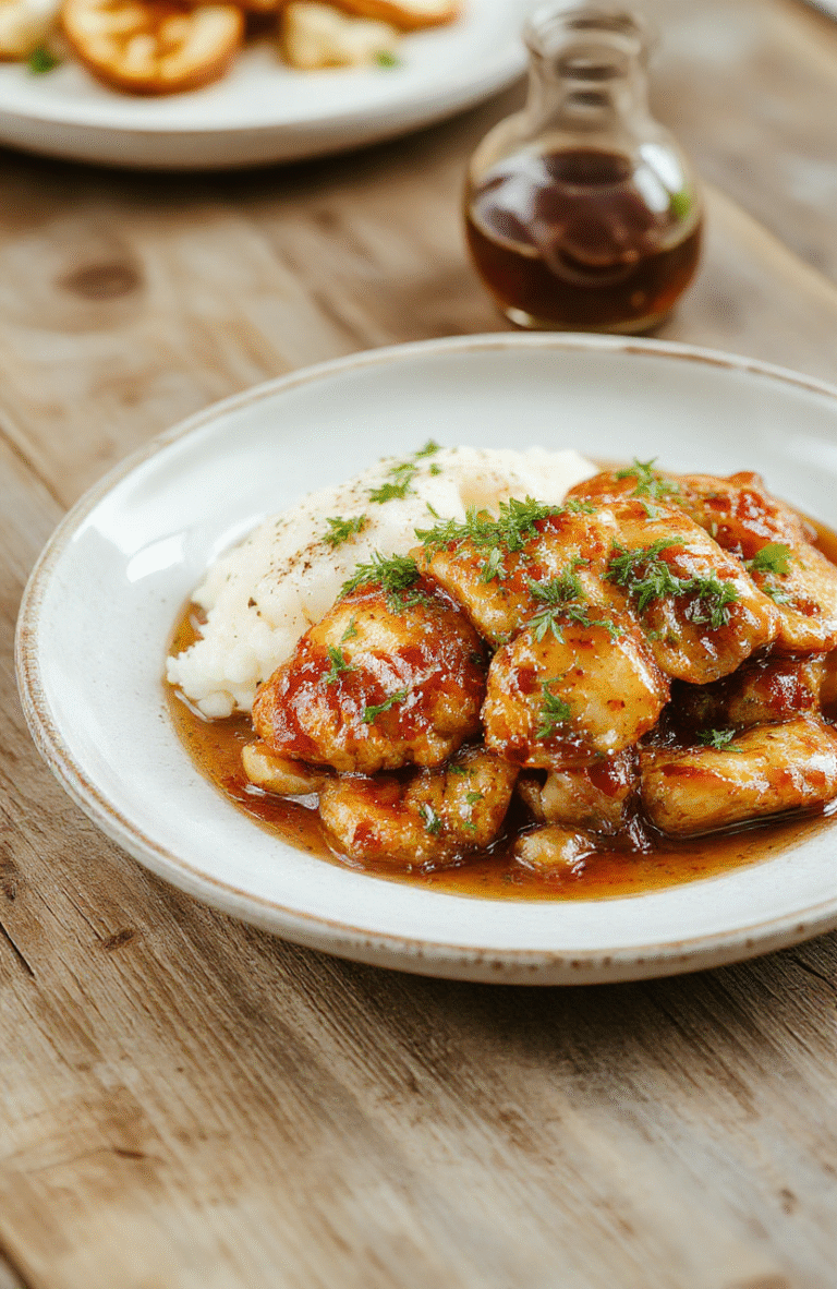 Golden-brown crispy chicken pieces glazed with glossy honey butter sauce, served over fluffy steamed white rice with a sprinkle of sesame seeds and chopped green onions. Background is clean white wooden table with natural light casting soft shadows.