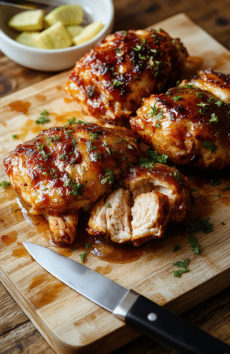 Crispy-skinned chicken thighs glazed with glossy golden-hot honey, garnished with fresh thyme sprigs and flaky sea salt, served on a rustic wooden board with roasted garlic cloves and halved lemons nearby, warm lighting enhances the caramelized texture and glistening glaze.