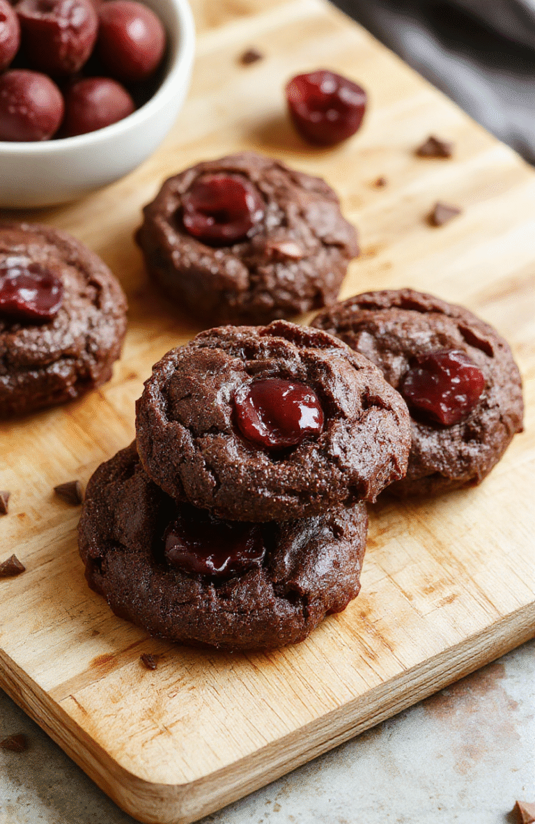 Close-up of a golden-brown chocolate cherry cookie with visible dark chocolate chips, plump dried cherries, and a slightly glossy fudgy surface. The cookie sits on a rustic wooden board with subtle wood grain, dusted lightly with powdered sugar and a few stray cherry halves nearby. Soft natural light highlights the textured crust and chewy interior.