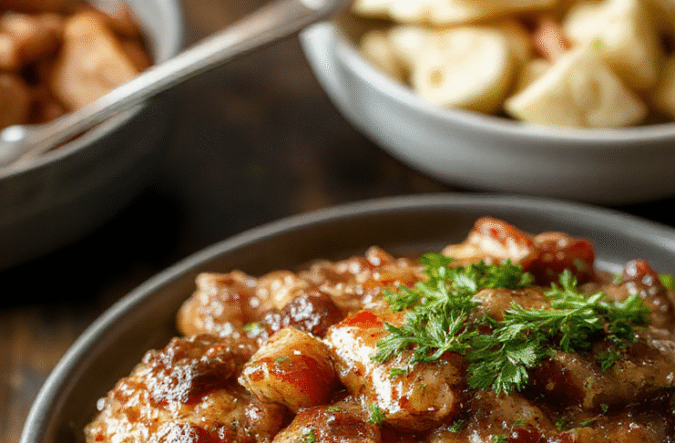 Golden-brown, juicy pork chops smothered in a rich, caramelized onion and mushroom gravy, nestled in a cast-iron skillet, garnished with fresh thyme sprigs and a light dusting of black pepper, on a rustic wooden table with soft natural light.