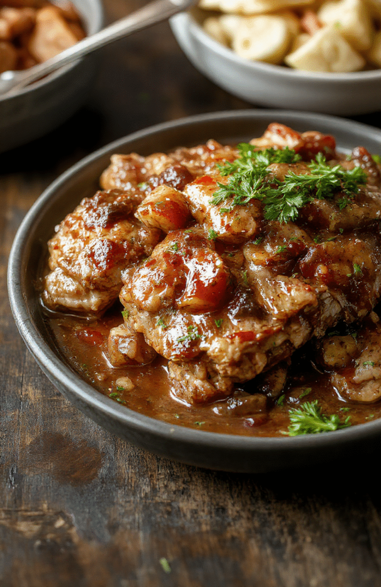 Golden-brown, juicy pork chops smothered in a rich, caramelized onion and mushroom gravy, nestled in a cast-iron skillet, garnished with fresh thyme sprigs and a light dusting of black pepper, on a rustic wooden table with soft natural light.