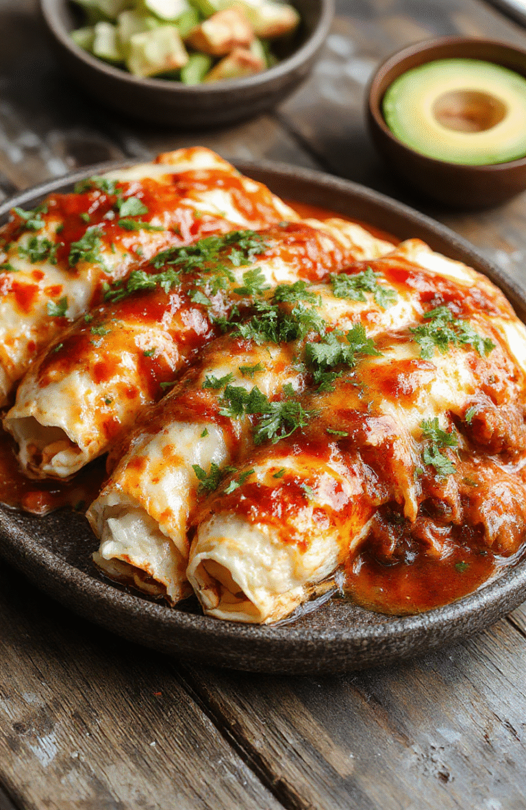 Golden-brown cheesy enchiladas with melted red sauce and green onions, neatly arranged in a cast-iron skillet, garnished with fresh cilantro and a side of sour cream on a rustic wooden table.
