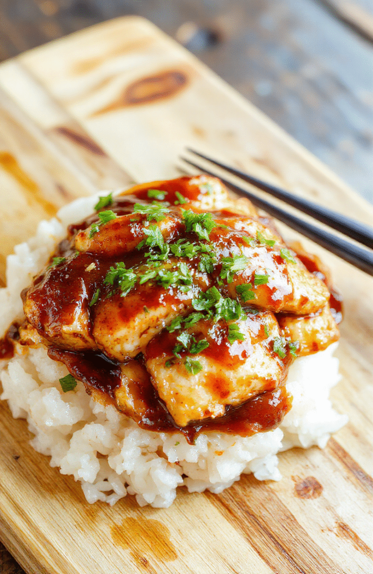 Golden-brown glazed chicken thighs glistening with sticky teriyaki sauce, served over fluffy white rice with sliced green onions and sesame seeds, surrounded by steamed broccoli and bok choy, on a rustic wooden board.