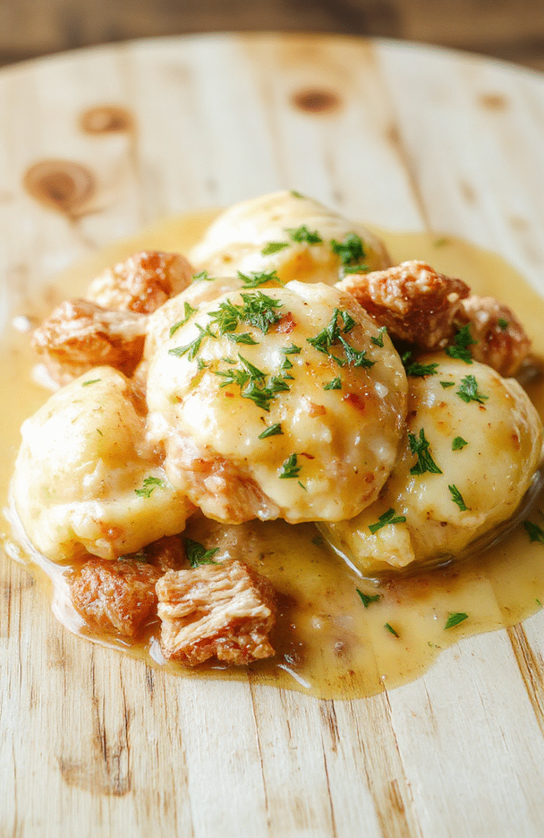 A rustic ceramic bowl filled with tender shredded chicken in creamy white sauce, nestled with fluffy buttery dumplings, garnished with fresh parsley, served with a side of buttered carrots and peas on a wooden table in soft natural light.