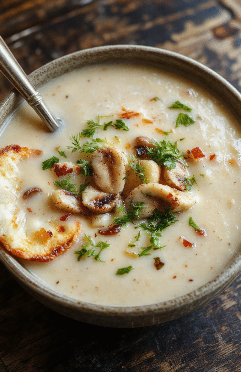 A steaming bowl of creamy mushroom soup with golden-brown mushroom slices arranged on top, garnished with fresh parsley, served in a rustic ceramic bowl against a wooden table with soft natural daylight and shallow depth of field.
