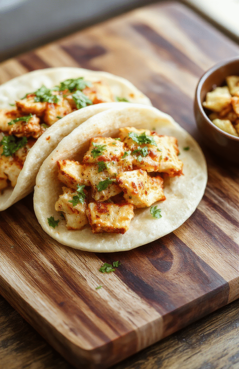 Golden-brown corn tacos filled with tender shredded chicken, diced red onion, fresh cilantro, and lime wedges, arranged on a rustic wooden cutting board beside a rustic slow cooker