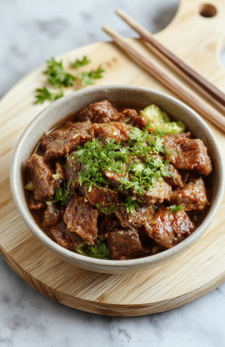 A vibrant bowl of glossy Korean beef over steaming white rice, topped with sesame seeds, sliced green onions, and pickled radishes, served on a rustic wooden cutting board with a small bowl of kimchi on the side