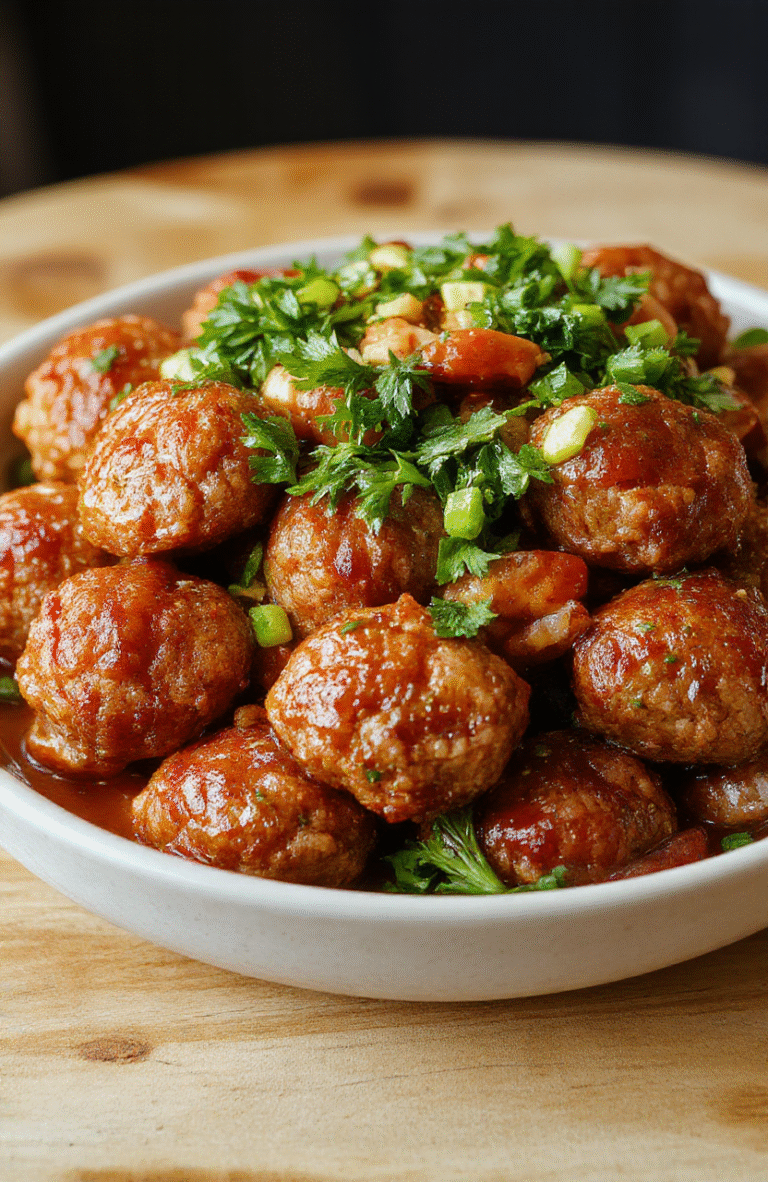 Plump, glossy brown Mongolian meatballs glistening with sweet-savory sauce, nestled on a bed of fluffy white rice, garnished with sliced green onions and sesame seeds, served in a simple ceramic bowl against a light wooden table surface with soft shadows.