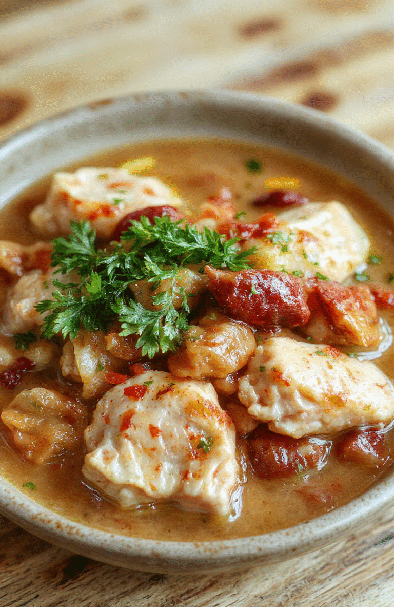 A steaming bowl of creamy slow cooker chicken stew with tender chicken pieces, carrots, potatoes, peas, and celery in a golden broth, garnished with fresh parsley, served in a rustic ceramic bowl against a wooden table.