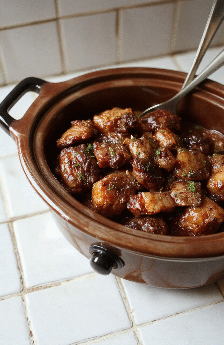 A rustic ceramic crock pot centered on a wooden kitchen table, filled with tender, dark brown pot roast chunks surrounded by golden-brown carrots, soft white potatoes, and onion wedges, all in a rich, glossy beef gravy with fresh thyme sprigs, steam rising slightly in soft natural daylight.