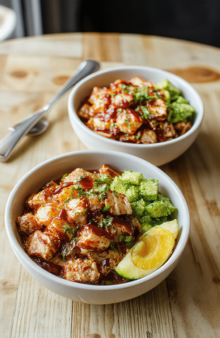A vibrant turkey teriyaki bowl with grilled sliced teriyaki-glazed ground turkey, fluffy white rice, steamed broccoli florets, sliced avocado, shredded carrots, and sesame seeds garnished in a rustic white ceramic bowl on a light oak wooden table with natural daylight and soft shadows.