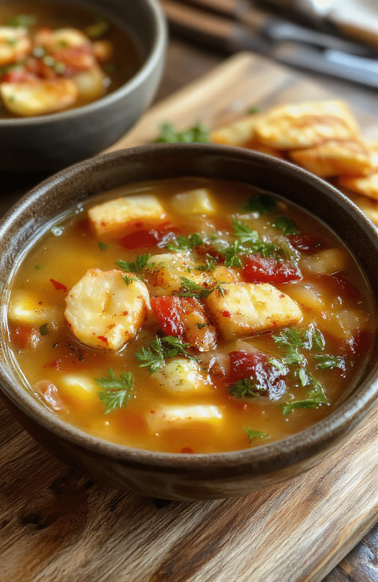 A steaming bowl of golden broth soup with tender vegetables, shredded chicken, and fresh parsley, sitting on a rustic wooden cutting board, with soft natural daylight and subtle shadows.