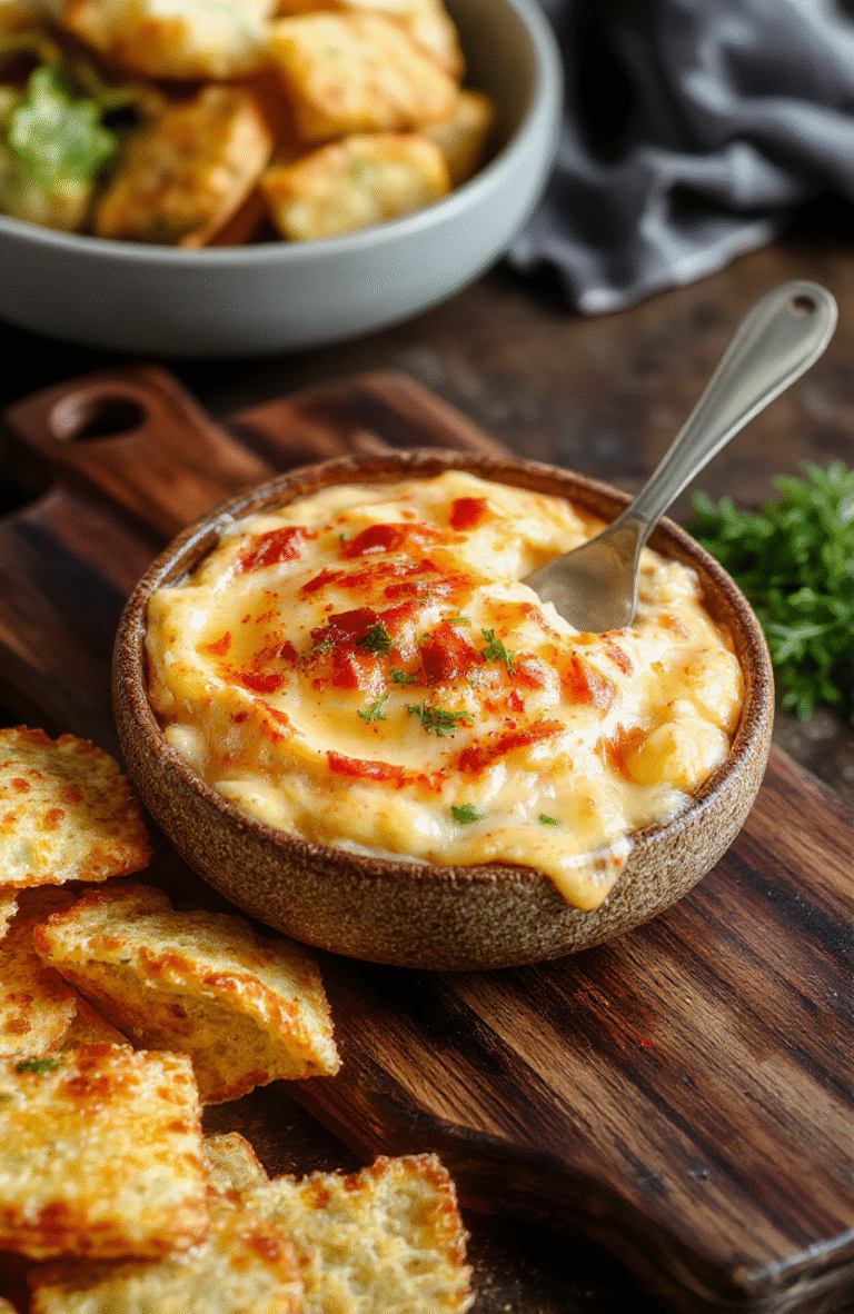 Golden-brown cheesy corn dip in a cast-iron skillet, bubbling at the edges with melted Monterey Jack and cheddar, topped with fresh cilantro, diced red onion, and roasted corn kernels, served with tortilla chips and sliced jalapeños on a rustic wooden board.