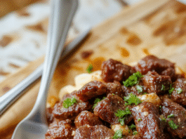 Tender brown beef tips served over soft egg noodles in a rich, savory gravy, garnished with fresh parsley, on a white ceramic plate with steam rising, soft natural light, minimal styling, shallow depth of field