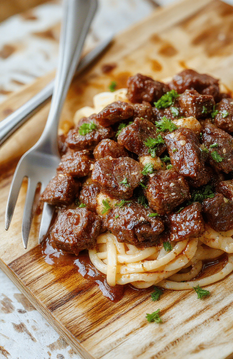 Tender brown beef tips served over soft egg noodles in a rich, savory gravy, garnished with fresh parsley, on a white ceramic plate with steam rising, soft natural light, minimal styling, shallow depth of field