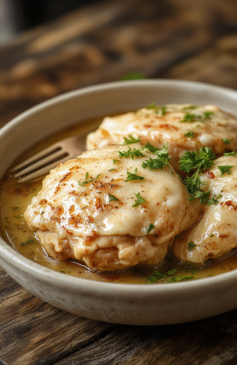 Juicy golden-brown chicken thighs glistening with garlic butter sauce, nestled on a rustic ceramic plate with roasted rosemary sprigs and a drizzle of golden sauce, garnished with fresh parsley and faint char marks from the pan, set against a warm beige wood surface with soft natural light and shadows