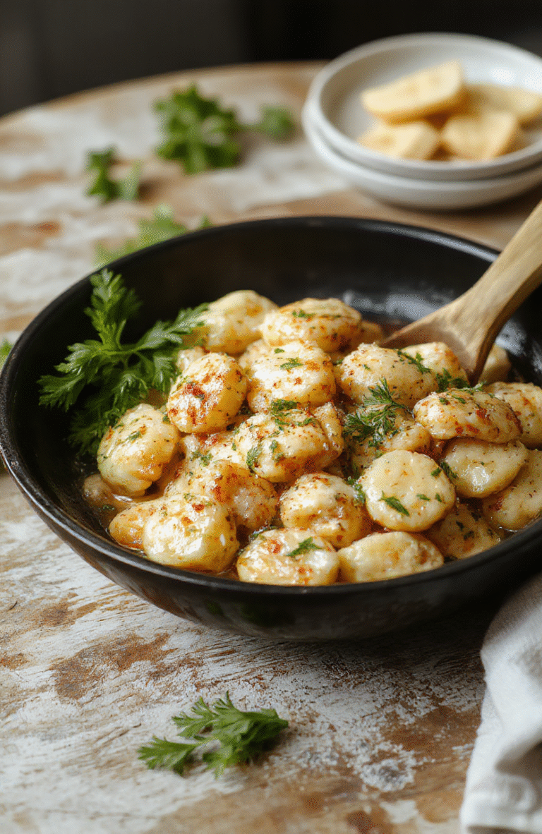 Crispy golden gnocchi and juicy chicken pieces in a golden garlic butter sauce with wilted spinach and parsley, served in a cast iron skillet surrounded by fresh garlic cloves and lemon wedges on a wooden table under soft natural light.