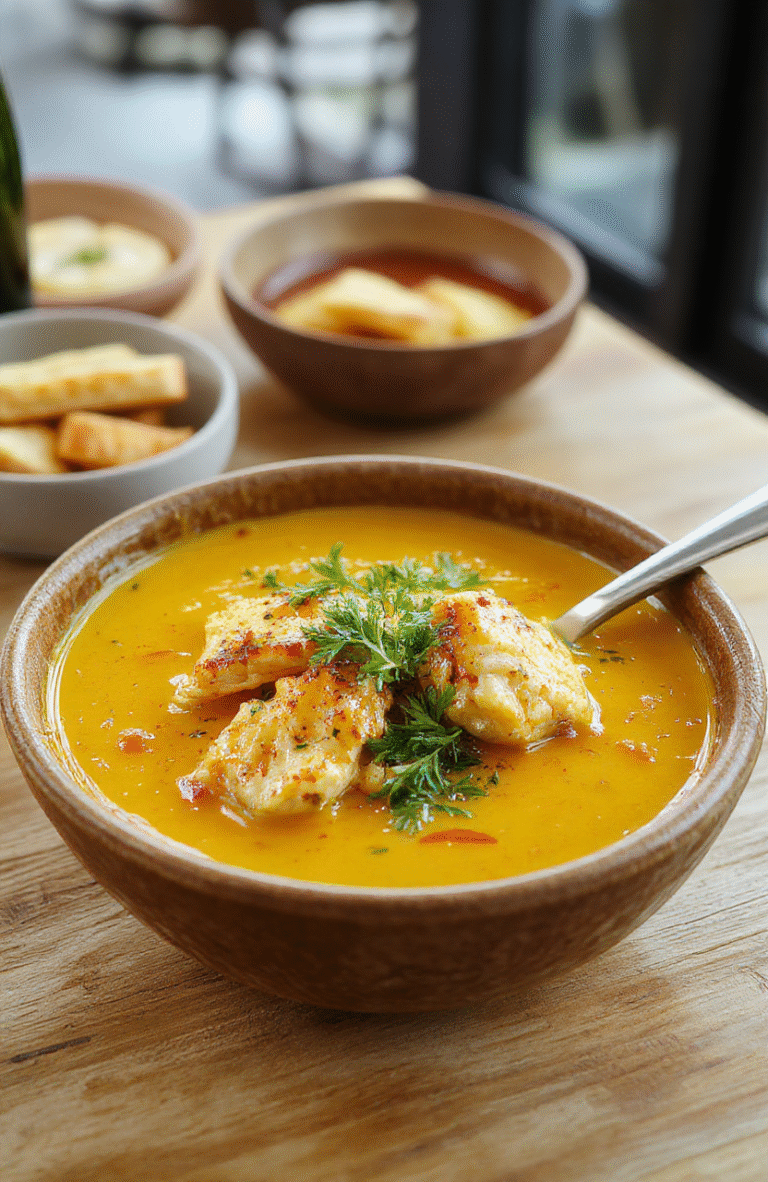 A steaming bowl of golden turmeric chicken soup with tender shredded chicken, soft carrots, celery pieces, and a swirl of fresh lemon juice, garnished with chopped parsley and a sprinkle of black pepper on a rustic wooden table.