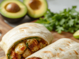 Fresh healthy chicken avocado wrap sliced diagonally on a white ceramic plate, with colorful shredded lettuce, ripe avocado slices, cherry tomatoes, and grilled chicken strips visible inside the whole wheat tortilla. Natural sunlight highlights the vibrant greens, creamy avocado, and golden tortilla texture. Light condensation on a glass of lemon water beside the plate.