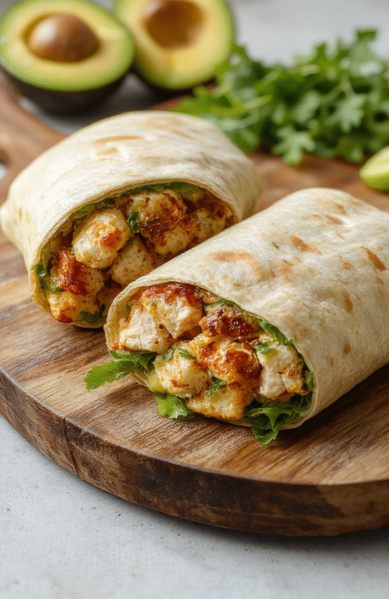 Fresh healthy chicken avocado wrap sliced diagonally on a white ceramic plate, with colorful shredded lettuce, ripe avocado slices, cherry tomatoes, and grilled chicken strips visible inside the whole wheat tortilla. Natural sunlight highlights the vibrant greens, creamy avocado, and golden tortilla texture. Light condensation on a glass of lemon water beside the plate.