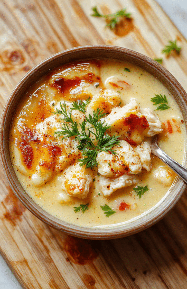 A steaming bowl of creamy healthy chicken pot pie soup garnished with fresh parsley and a dollop of Greek yogurt, featuring tender chicken pieces, carrots, peas, and diced potatoes in a golden broth, served in a rustic white ceramic bowl on a light wooden table with soft natural light.