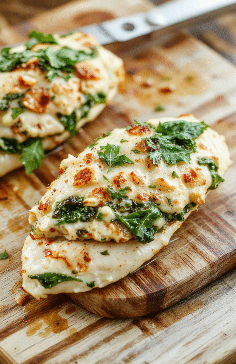 Juicy, golden-brown baked chicken breast sliced open to reveal a vibrant green spinach and herb filling, nestled on a rustic ceramic plate with roasted cherry tomatoes and fresh parsley garnish, against a soft neutral linen background