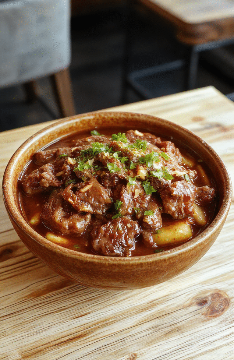 A steaming bowl of tender beef chunks and wide egg noodles tossed in a rich brown gravy, garnished with fresh parsley and cracked black pepper, resting on a rustic wooden board with soft natural lighting and shallow depth of field
