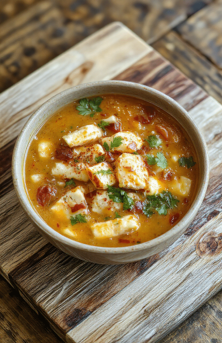 Hearty tortilla soup in a rustic white bowl, filled with tender shredded chicken, black beans, fire-roasted tomatoes, golden corn, and fresh cilantro, topped with crispy baked tortilla strips, avocado slices, and a drizzle of lime crema, served against a warm wooden table in natural light.