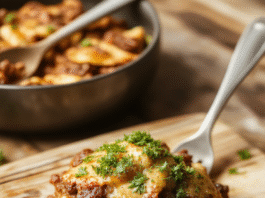 Hearty ground beef casserole in a cast-iron skillet, loaded with browned beef, diced potatoes, carrots, onions, green beans, and melted cheddar cheese, golden-brown top with slight crispness, garnished with fresh parsley, served with rustic wooden spoon beside it on a linen napkin