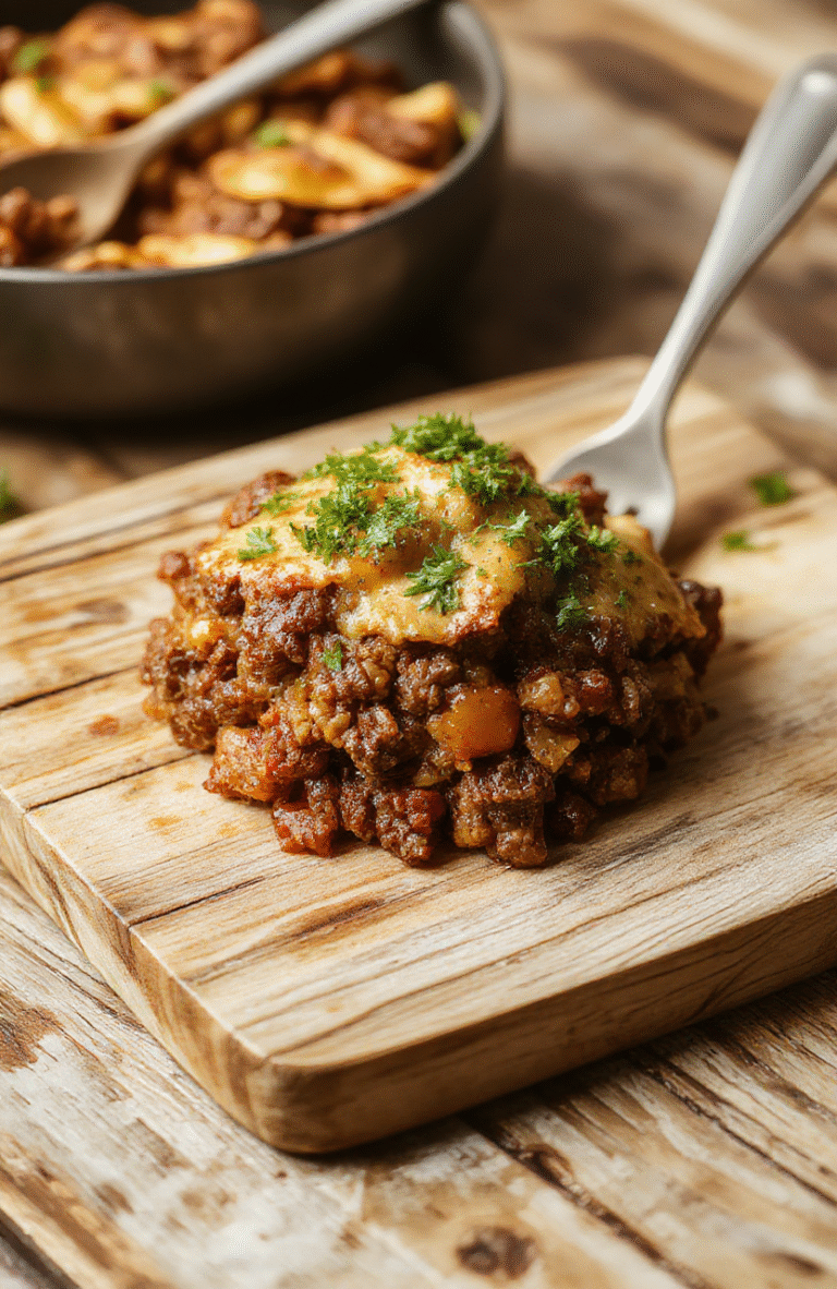 Hearty ground beef casserole in a cast-iron skillet, loaded with browned beef, diced potatoes, carrots, onions, green beans, and melted cheddar cheese, golden-brown top with slight crispness, garnished with fresh parsley, served with rustic wooden spoon beside it on a linen napkin