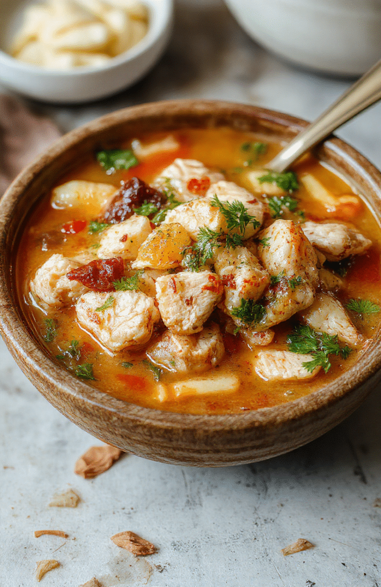 A steaming bowl of hearty chicken rice soup with tender shredded chicken, fluffy white rice, carrots, and celery suspended in a golden broth, garnished with fresh parsley, served in a rustic ceramic bowl on a light wooden table with soft natural lighting
