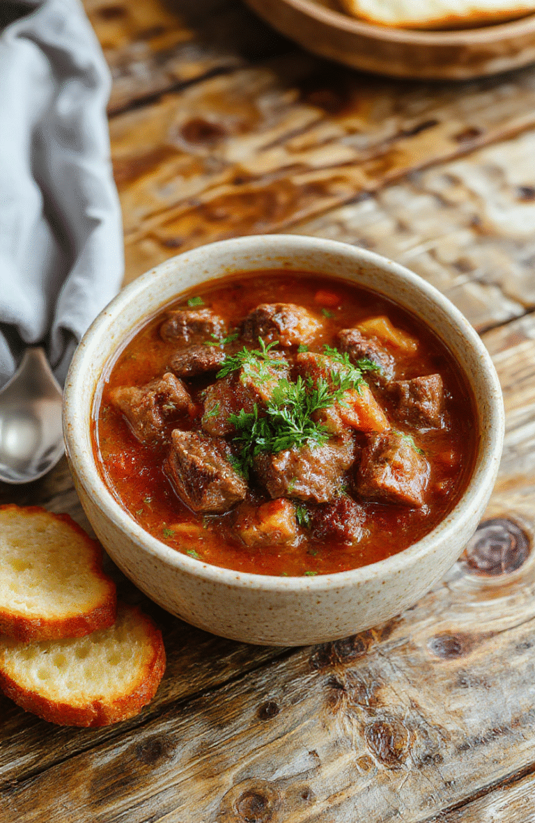 A steaming bowl of rich beef stew with tender brown beef chunks, soft carrots, potatoes, and onions in a dark, glossy brown gravy, garnished with fresh parsley, served in a rustic ceramic bowl on a wooden table.
