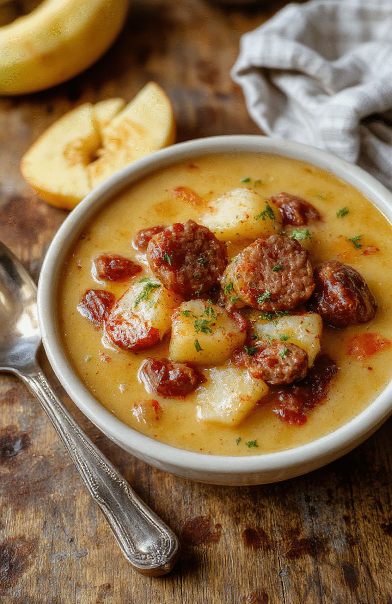 Creamy white potato and sausage soup in a rustic ceramic bowl, garnished with fresh parsley and cracked black pepper, sits on a warm wooden table with soft focus background.